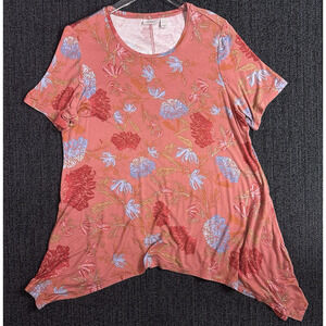 LOGO Lori Goldstein Floral Print Tunic Top with Pockets Short Sleeve Orange XL